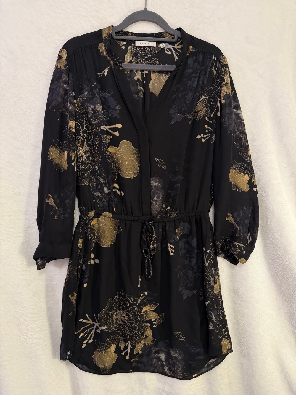 Aritzia Babaton 100% Silk Mini Shirt Dress Black Gold Floral Print Size Small